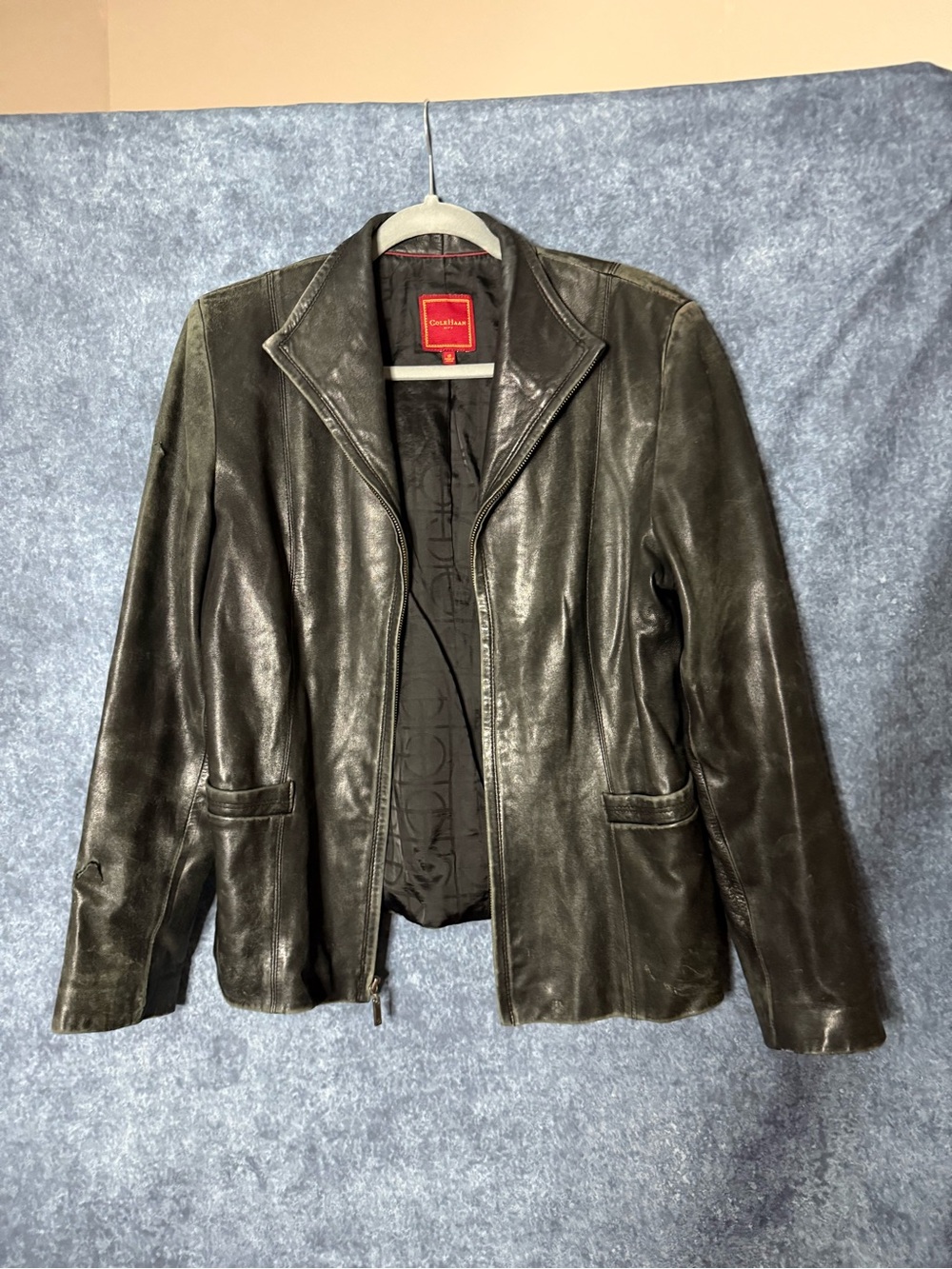 Cole Haan Black Leather Zip-Front Jacket